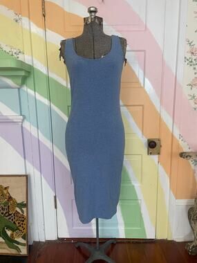 Peruvian Connection Dress S Blue Stretch Knit Scoop Neck Sleeveless Midi